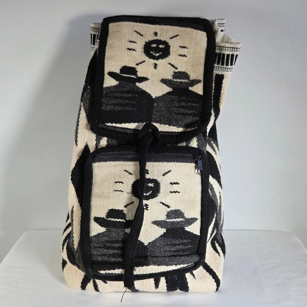 Vintage Southwestern Woven‎ Wool Backpack Cream Black Geometric Sun Folk Art Bag